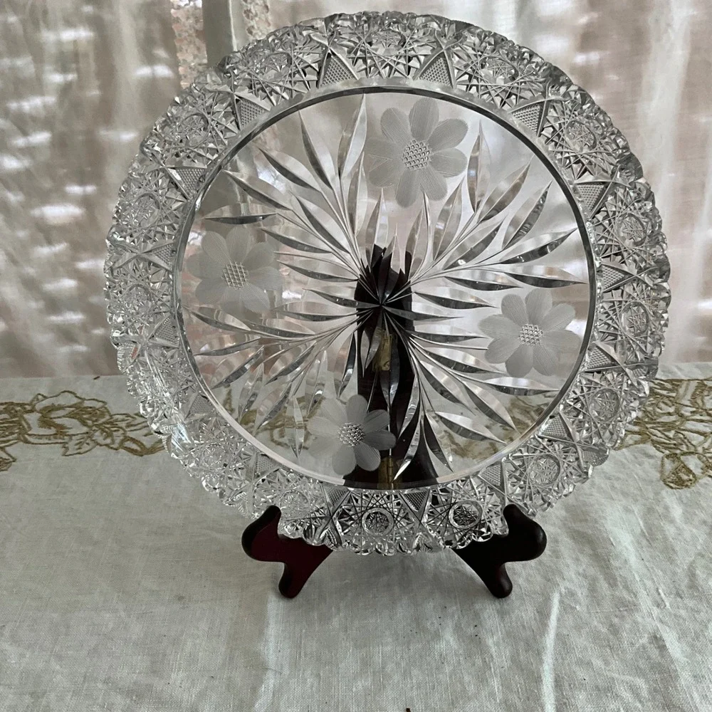 Vintage ABP American Brilliant Cut Glass Plate‎ Intaglio Hobstar Maganese Glow